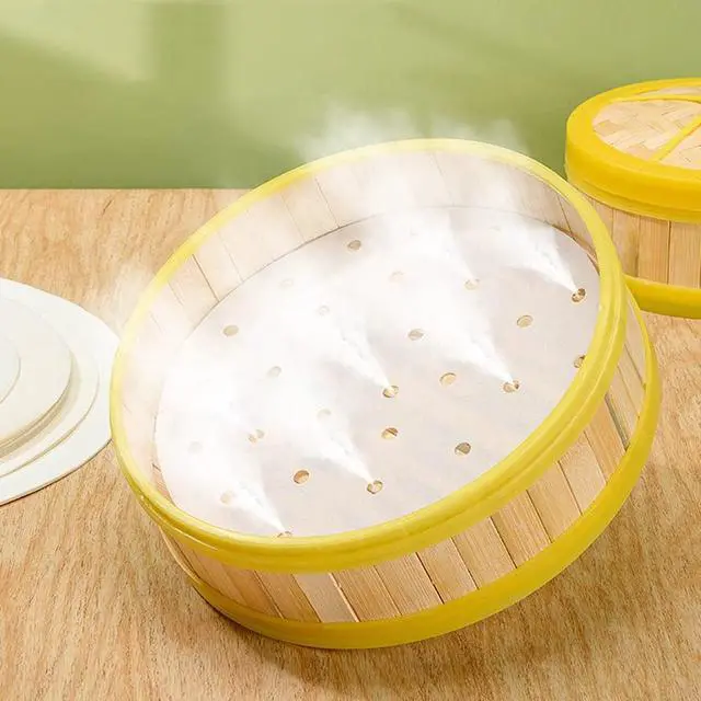 Alt view image 5 of 6 - 100 PCS Bamboo Steamer Liner, 10" Round Air Fryer Parchment Paper with Holes, White Anti-Stick Steamer Paper
