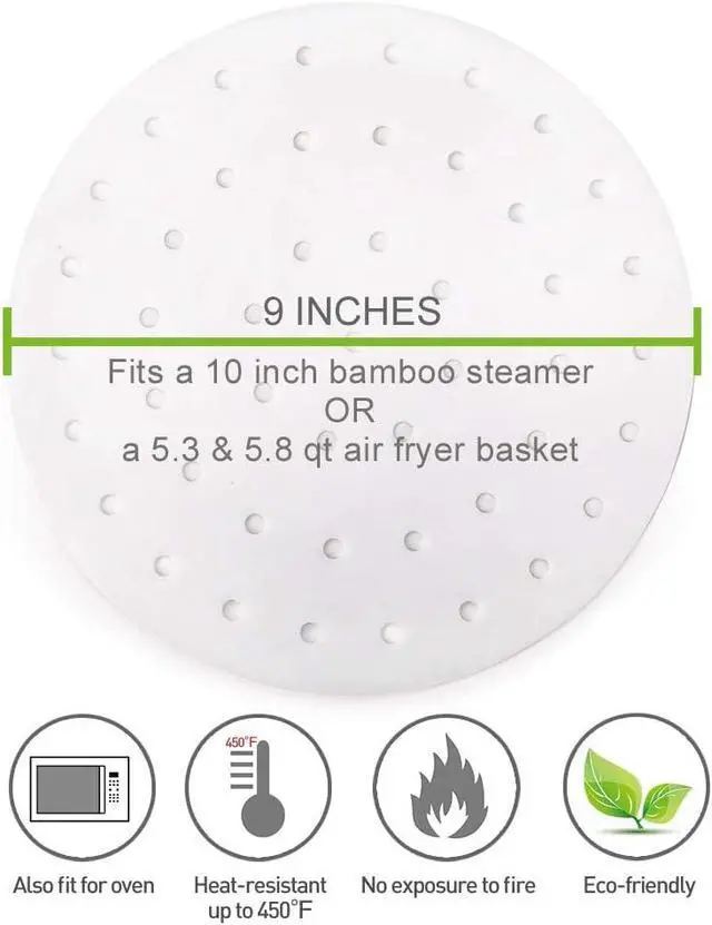 Alt view image 3 of 7 - 100pcs Air Fryer Liners, Vancens 9 inch Bamboo Steamer Liners, Premium Perforated Parchment Paper Sheets, Non-stick Basket Mat, Perfect for 5.3 & 5.8 QT Air Fryers/Steaming/Baking/Cooking