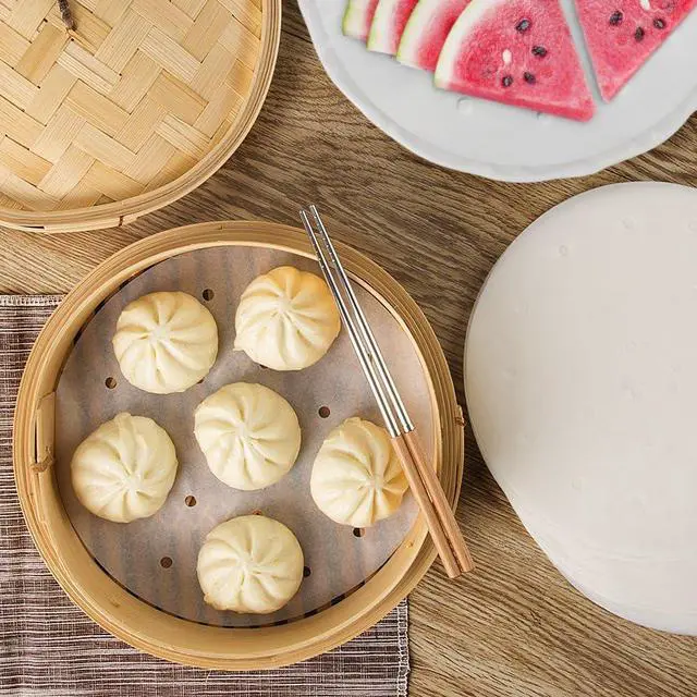 Alt view image 2 of 7 - 100pcs Air Fryer Liners, Vancens 9 inch Bamboo Steamer Liners, Premium Perforated Parchment Paper Sheets, Non-stick Basket Mat, Perfect for 5.3 & 5.8 QT Air Fryers/Steaming/Baking/Cooking