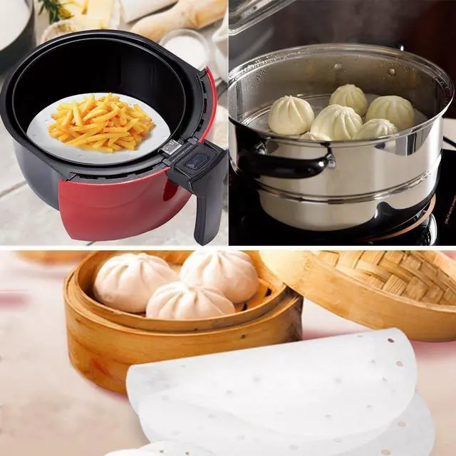 Alt view image 4 of 7 - 100pcs Air Fryer Liners, Vancens 9 inch Bamboo Steamer Liners, Premium Perforated Parchment Paper Sheets, Non-stick Basket Mat, Perfect for 5.3 & 5.8 QT Air Fryers/Steaming/Baking/Cooking