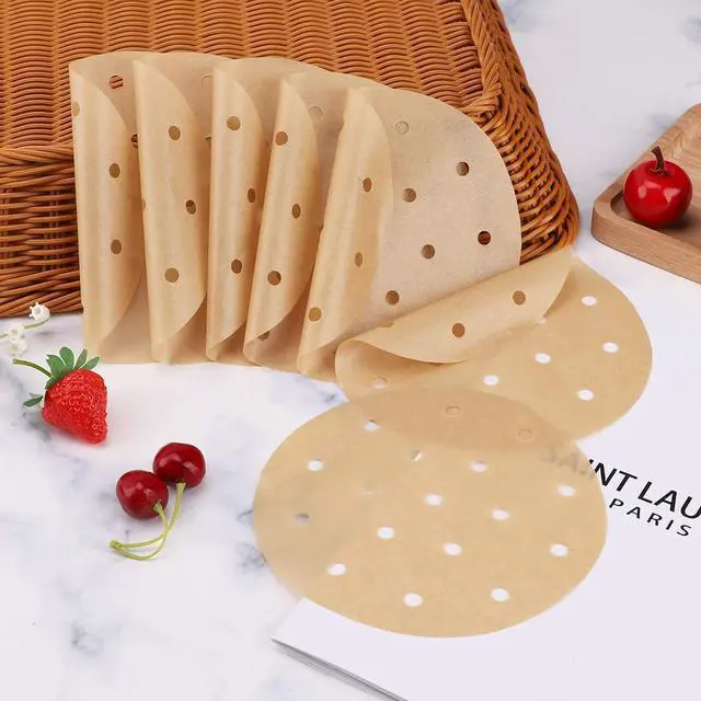 Alt view image 3 of 6 - Beasea Air Fryer Round Liners 6 Inch, 200pcs Parchment Paper Unbleached Filter Paper Perforated Parchment Paper Bamboo Steamer Papers for Air Fryer and Steaming Basket