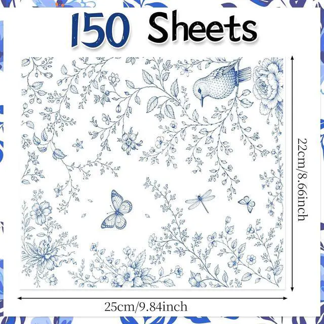 Alt view image 2 of 7 - CCINEE 150Pcs Blue Floral Wax Paper Sheets for Food, Grease Proof Chinoiserie Bird Deli Sandwich Wrapping Food Basket Liners Bakery Kitchen, 9.8 x 8.7 Inch