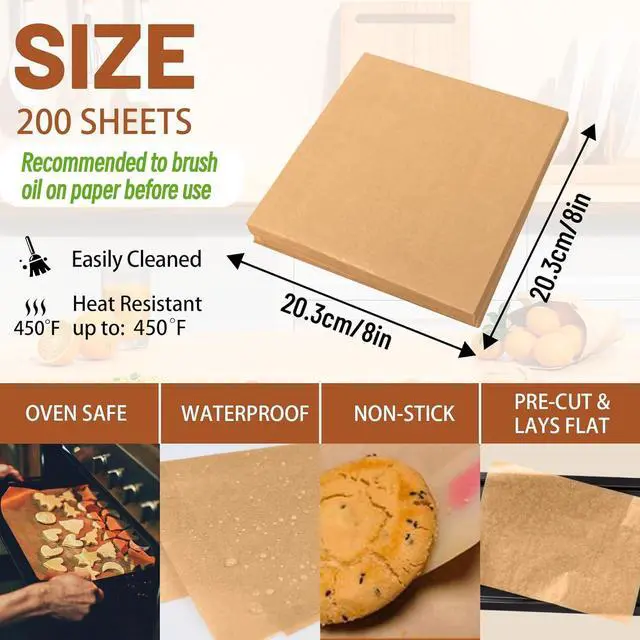 Alt view image 3 of 6 - 200 Pcs 8x8 Inch Parchment Paper Sheets, Precut Unbleached Baking Paper, Non-Stick & Greaseproof Square Pan Liners for Cake Pan, Air Fryer, Baking - Natural Brown