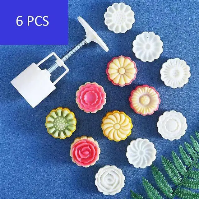 Alt view image 2 of 6 - Mooncake Mold with 6 Stamps,Mid-Autumn Festival Hand-Pressure Flower Moon Cake Mould 50g DIY Decoration Mooncake Press Molds