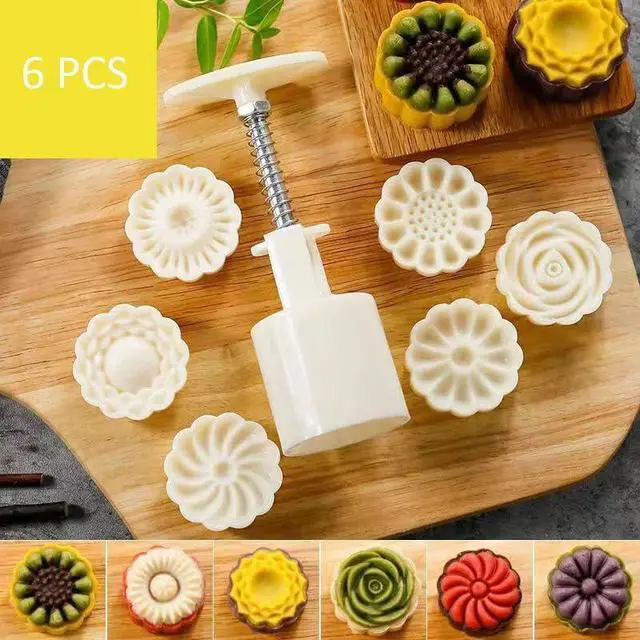Alt view image 4 of 6 - Mooncake Mold with 6 Stamps,Mid-Autumn Festival Hand-Pressure Flower Moon Cake Mould 50g DIY Decoration Mooncake Press Molds