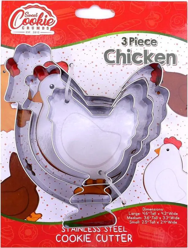 Main image of Chicken Cookie Cutter Set Sharp & Stainless Steel Cooking Utensils A Fun Fit for Sandwiches, Pancakes, Fruits & Crafts Dishwasher-Safe 3-Piece Bakery Supplies by Sweet Cookie Crumbs