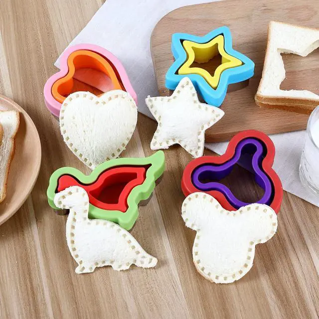 Alt view image 3 of 7 - Elfkitwang Sandwich Cutter and Sealer Set,4 Pcs Bread Sandwich Decruster Pancake Maker DIY Cookie Cutters for Kids Bento,Heart Dinosaur Star Mouse Shapes Mold.
