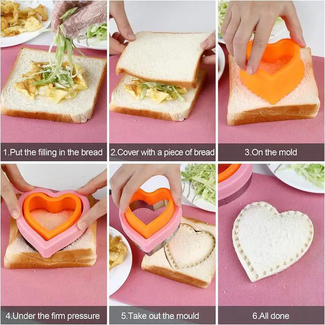 Alt view image 7 of 7 - Elfkitwang Sandwich Cutter and Sealer Set,4 Pcs Bread Sandwich Decruster Pancake Maker DIY Cookie Cutters for Kids Bento,Heart Dinosaur Star Mouse Shapes Mold.
