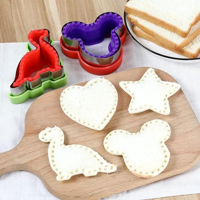 Alt view image 6 of 7 - Elfkitwang Sandwich Cutter and Sealer Set,4 Pcs Bread Sandwich Decruster Pancake Maker DIY Cookie Cutters for Kids Bento,Heart Dinosaur Star Mouse Shapes Mold.