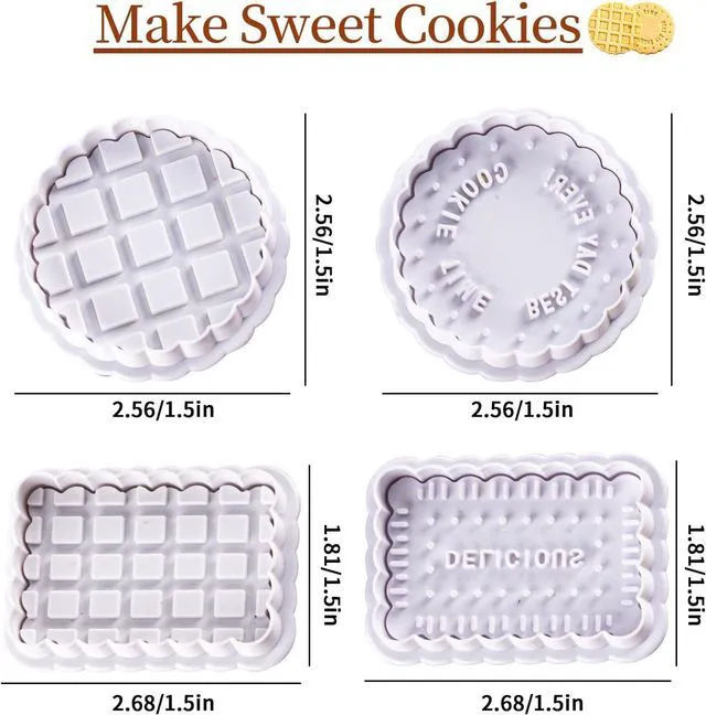 Alt view image 2 of 6 - Cookie Stamps Set, 4 Pcs Waffle Pattern Cookie Mold Biscuit Cutter Set 3D Classic Cookie Cutter with Plunger Stamp, 4 Styles Funny Cookie Biscuit Molds for Treats DIY Baking, Cake, Pastry