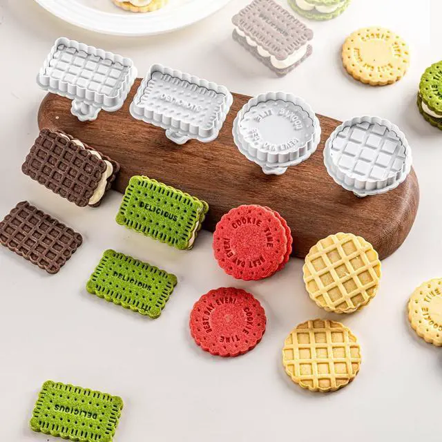 Main image of Cookie Stamps Set, 4 Pcs Waffle Pattern Cookie Mold Biscuit Cutter Set 3D Classic Cookie Cutter with Plunger Stamp, 4 Styles Funny Cookie Biscuit Molds for Treats DIY Baking, Cake, Pastry