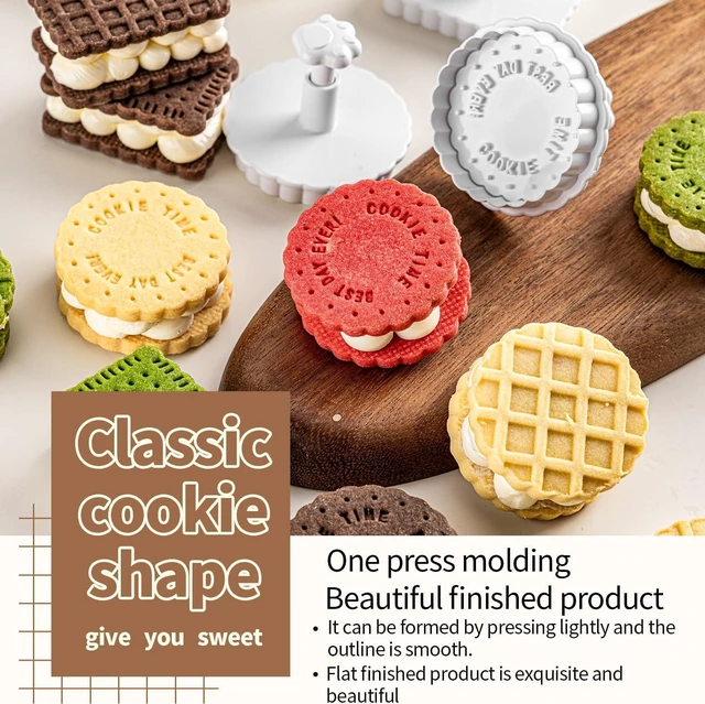 Alt view image 3 of 6 - Cookie Stamps Set, 4 Pcs Waffle Pattern Cookie Mold Biscuit Cutter Set 3D Classic Cookie Cutter with Plunger Stamp, 4 Styles Funny Cookie Biscuit Molds for Treats DIY Baking, Cake, Pastry