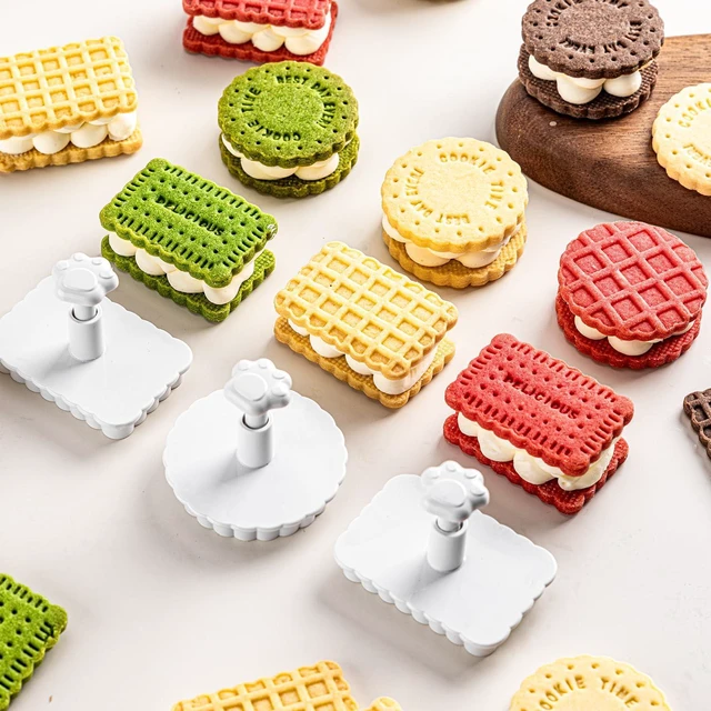 Alt view image 4 of 6 - Cookie Stamps Set, 4 Pcs Waffle Pattern Cookie Mold Biscuit Cutter Set 3D Classic Cookie Cutter with Plunger Stamp, 4 Styles Funny Cookie Biscuit Molds for Treats DIY Baking, Cake, Pastry