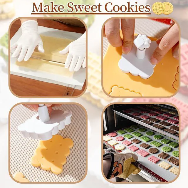 Alt view image 5 of 6 - Cookie Stamps Set, 4 Pcs Waffle Pattern Cookie Mold Biscuit Cutter Set 3D Classic Cookie Cutter with Plunger Stamp, 4 Styles Funny Cookie Biscuit Molds for Treats DIY Baking, Cake, Pastry