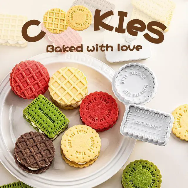 Alt view image 6 of 6 - Cookie Stamps Set, 4 Pcs Waffle Pattern Cookie Mold Biscuit Cutter Set 3D Classic Cookie Cutter with Plunger Stamp, 4 Styles Funny Cookie Biscuit Molds for Treats DIY Baking, Cake, Pastry