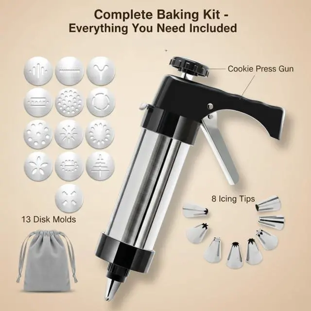 Alt view image 2 of 7 - Stainless Steel Cookie Press Gun Kit, 13 Discs & 8 Piping Tips