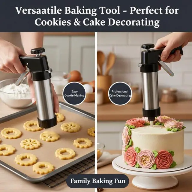 Alt view image 5 of 7 - Stainless Steel Cookie Press Gun Kit, 13 Discs & 8 Piping Tips