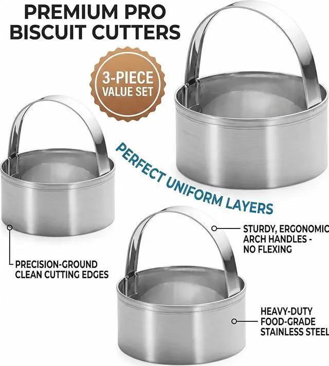 Alt view image 2 of 7 - 3 Pieces Round Biscuit Cutter with Handle - Stainless Steel Round Circle Doughnut Cutter Baking Molds Assorted Size