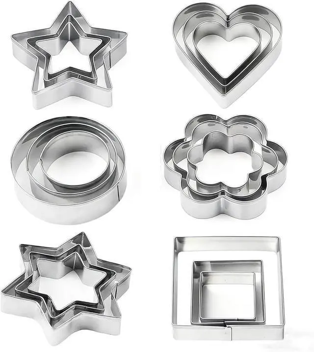 Main image of 18 Pieces Metal Cookie Cutters, Stainless Steel Molds Flower Square Heart Round Star Shapes for Home Holiday Mother's Day