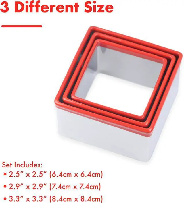 Alt view image 3 of 6 - 3 Pcs Square Cookie Cutter Set, Stainless Steel Biscuit Cutters for Baking, 2.5 2.9 3.3, Sandwich Cutter Shapes for Kids, Red Soft Rubber Top for Protection