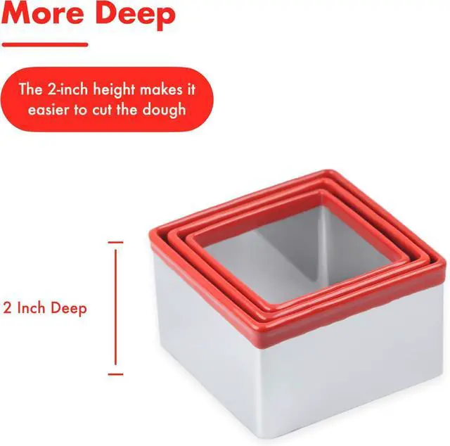 Alt view image 4 of 6 - 3 Pcs Square Cookie Cutter Set, Stainless Steel Biscuit Cutters for Baking, 2.5 2.9 3.3, Sandwich Cutter Shapes for Kids, Red Soft Rubber Top for Protection