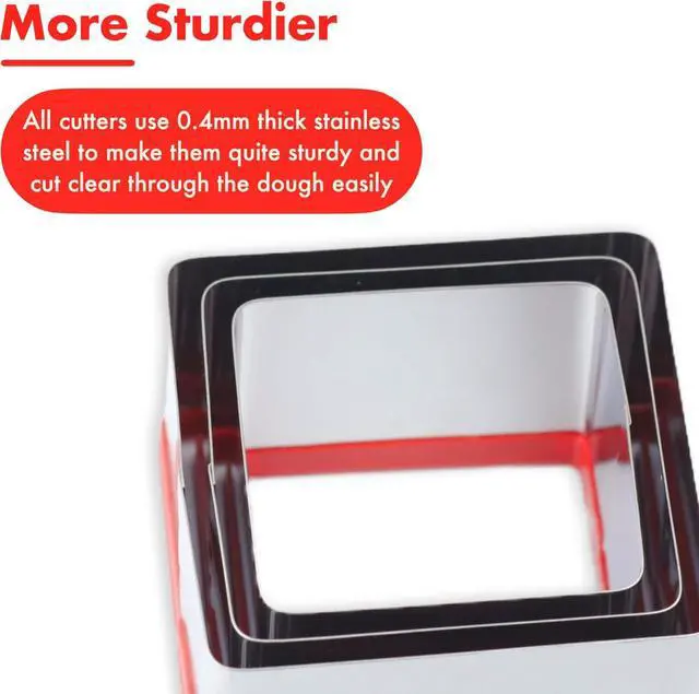 Alt view image 5 of 6 - 3 Pcs Square Cookie Cutter Set, Stainless Steel Biscuit Cutters for Baking, 2.5 2.9 3.3, Sandwich Cutter Shapes for Kids, Red Soft Rubber Top for Protection