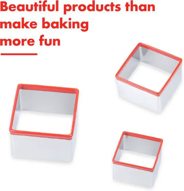 Alt view image 6 of 6 - 3 Pcs Square Cookie Cutter Set, Stainless Steel Biscuit Cutters for Baking, 2.5 2.9 3.3, Sandwich Cutter Shapes for Kids, Red Soft Rubber Top for Protection
