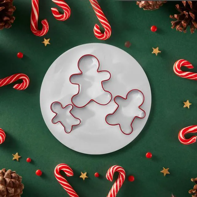 Alt view image 6 of 7 - Gingerbread Man Cookie Cutters 3PCS, Stainless Steel Christmas Cookie Cutter Tools with Red Environmental PVC, Gingerbread Boy Shape Moulds Set for Baking