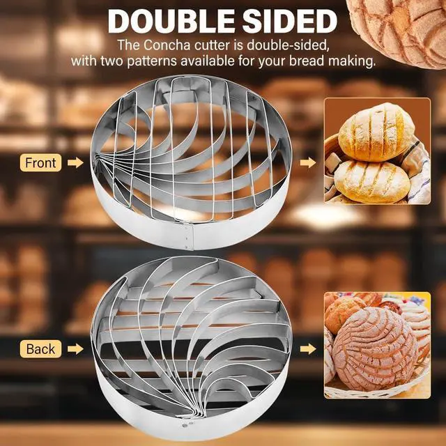 Alt view image 3 of 7 - 4 Inch DoubleSided Concha Cutter, Stainless Steel Concha Stamp, Mexican Bread Mold for Pan Dulce Mexicano, DIY Baking Cookie Cutter (Silver)