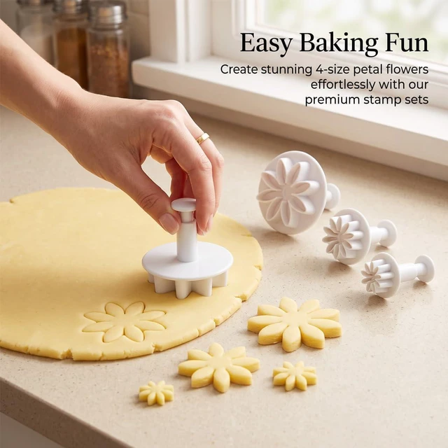 Alt view image 4 of 7 - 4 PCS Daisy Fondant Cutter Flower Cookie Cutters Chrysanthemum Plunger Cutters Cute Dessert Decorating Accessories DIY Summer Cookie Cutters Tools for Biscuits, Sugar Cubes, Chocolate Cake Decoration