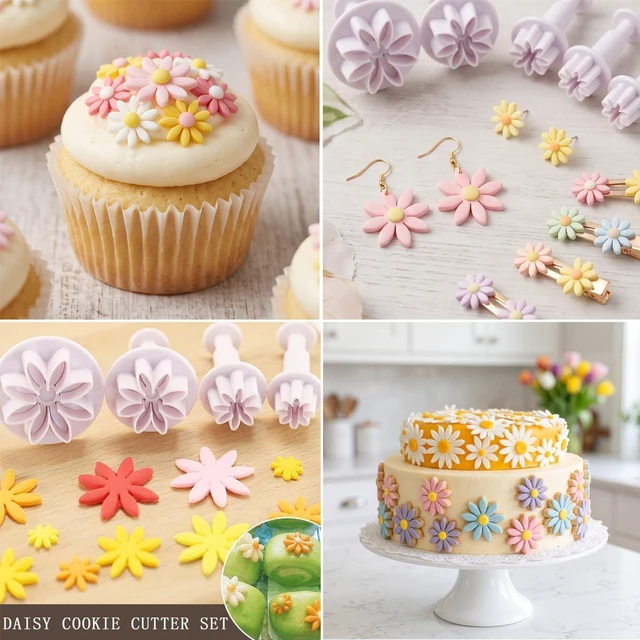Alt view image 7 of 7 - 4 PCS Daisy Fondant Cutter Flower Cookie Cutters Chrysanthemum Plunger Cutters Cute Dessert Decorating Accessories DIY Summer Cookie Cutters Tools for Biscuits, Sugar Cubes, Chocolate Cake Decoration