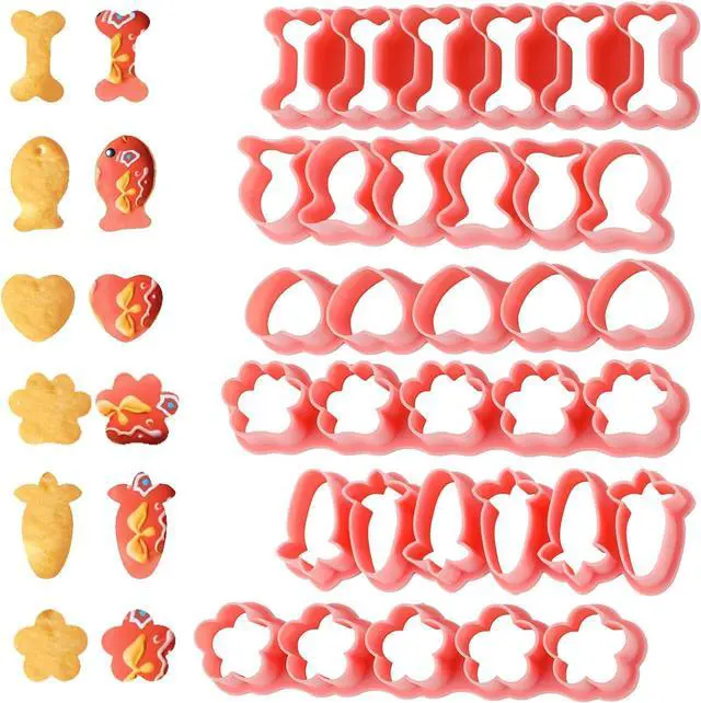Main image of 6 Set Mini Cookie Cutters,Cracker Cutter Small Dog Treat Cookie Cutters Including Goldfish Cracker Cutter Dog Bone Paw Flower Heart Carrot for Cakes Cookies Sugar Pet Snacks Making Dogs Party (Pink)