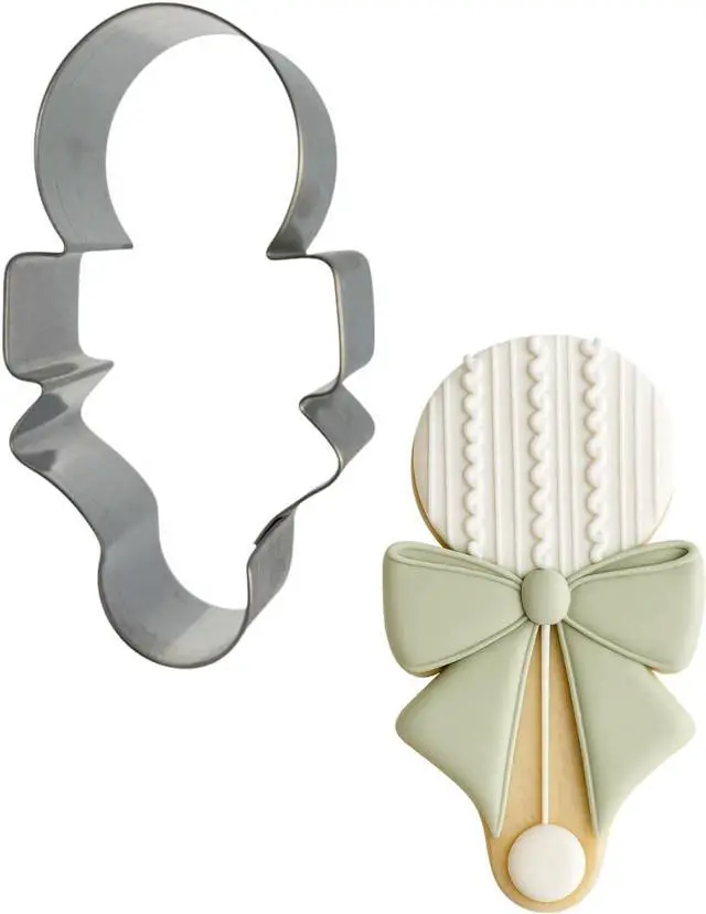 Main image of Foose Brand Baby Rattle with Bow Cookie Cutter Cookie Cutter 4 in, Made in USA (Tin Plate Steel)
