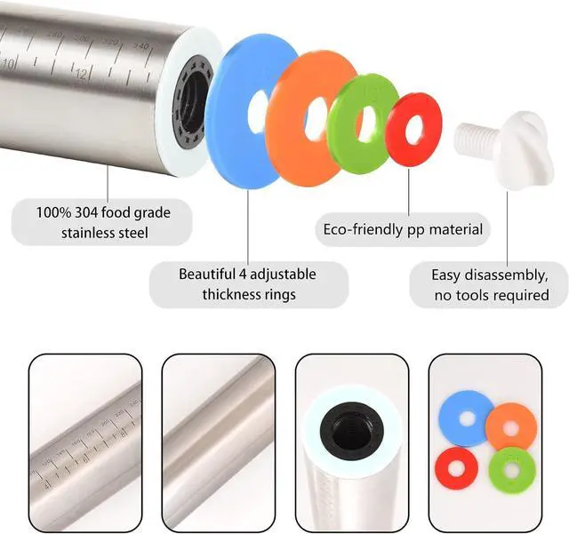 Alt view image 4 of 6 - Adjustable Rolling Pin With 4 Thickness Rings, Stainless Steel Dough Roller Pizza Roller Handle Press Design With Measurement Guide For Baking, Fondant, Pizza, Pie Crust, Cookie