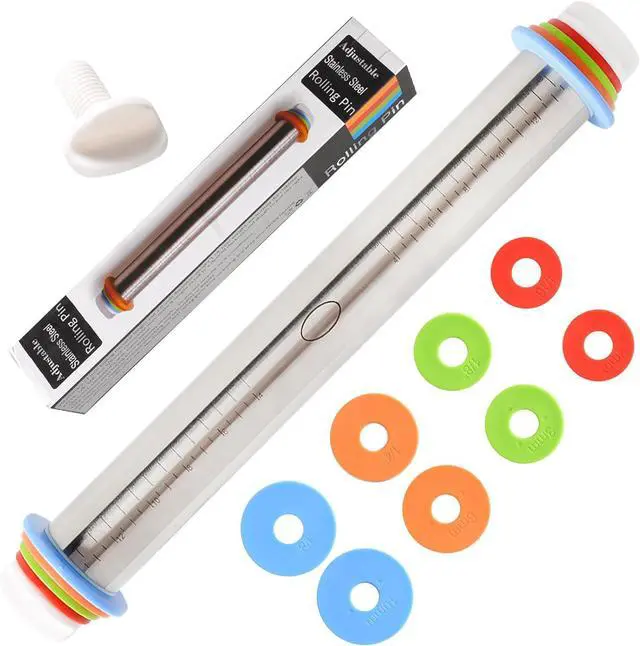 Main image of Adjustable Rolling Pin With 4 Thickness Rings, Stainless Steel Dough Roller Pizza Roller Handle Press Design With Measurement Guide For Baking, Fondant, Pizza, Pie Crust, Cookie
