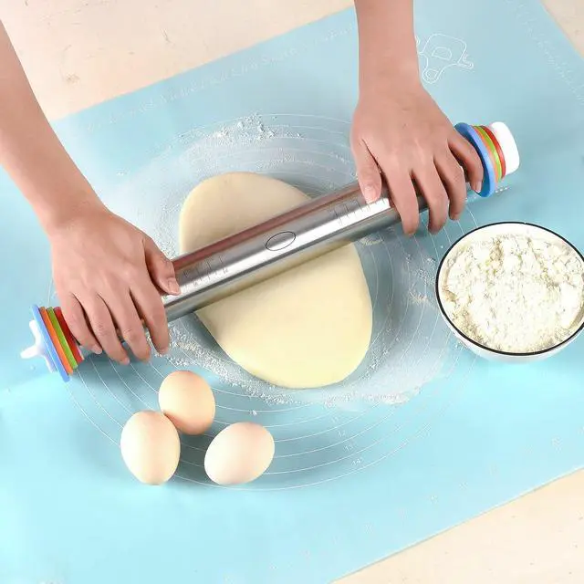 Alt view image 2 of 6 - Adjustable Rolling Pin With 4 Thickness Rings, Stainless Steel Dough Roller Pizza Roller Handle Press Design With Measurement Guide For Baking, Fondant, Pizza, Pie Crust, Cookie