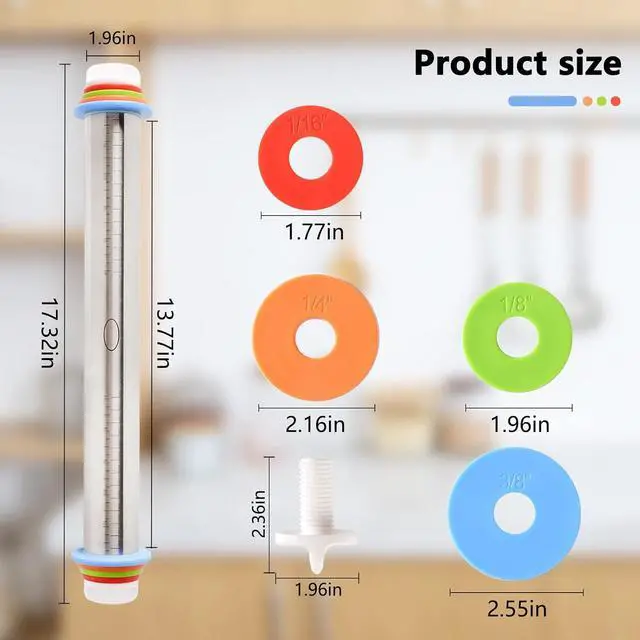 Alt view image 6 of 6 - Adjustable Rolling Pin With 4 Thickness Rings, Stainless Steel Dough Roller Pizza Roller Handle Press Design With Measurement Guide For Baking, Fondant, Pizza, Pie Crust, Cookie