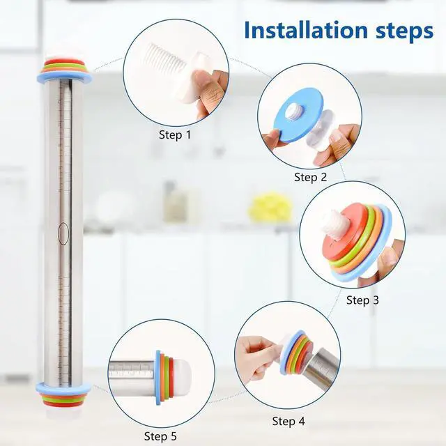 Alt view image 5 of 6 - Adjustable Rolling Pin With 4 Thickness Rings, Stainless Steel Dough Roller Pizza Roller Handle Press Design With Measurement Guide For Baking, Fondant, Pizza, Pie Crust, Cookie