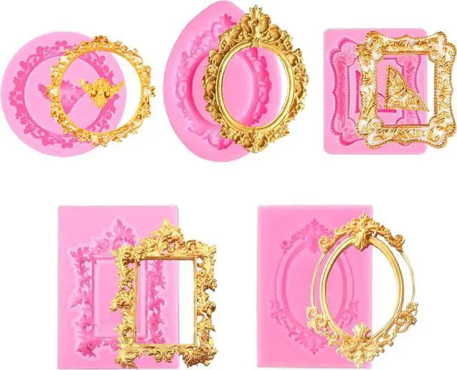 Main image of 5 Pack Photo Frame Fondant Molds,Picture Frames Silicone Mold Vintage Frame Molds, Baroque Style Air Dry Clay Molds,For Cake Decorating Cupcake Topper Chocolate Candy Polymer Clay Baking Desserts