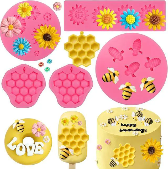 Main image of 5 Pcs Bumble Bee Silicone Mold, HoneyComb Flower Fondant Molds