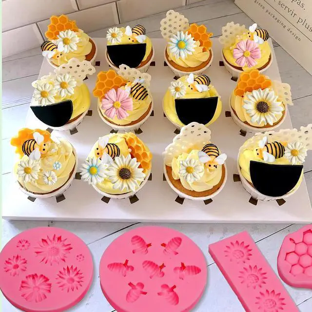 Alt view image 2 of 7 - 5 Pcs Bumble Bee Silicone Mold, HoneyComb Flower Fondant Molds