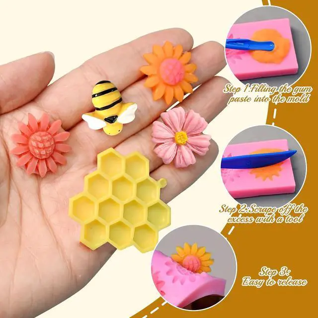 Alt view image 7 of 7 - 5 Pcs Bumble Bee Silicone Mold, HoneyComb Flower Fondant Molds