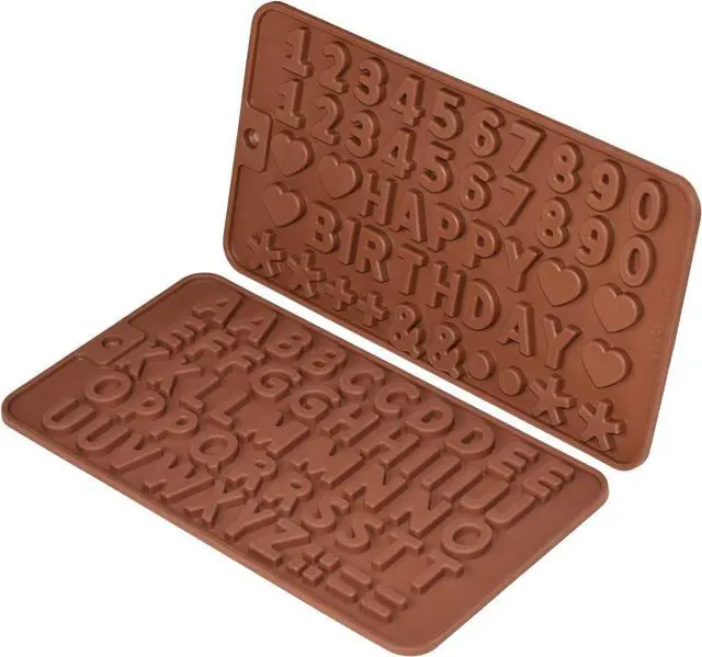 Main image of Silicone Letter Number Molds,Reusable Chocolate Molds with Happy Birthday Cake Decorating Symbols(Brown 2pcs)