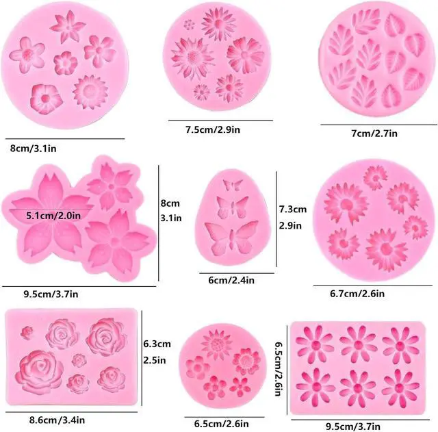 Alt view image 2 of 6 - Flower Silicone Molds,9pcs Rose Leaf Daisy Sunflower Chrysanthemum Small Flowers Fondant Molds Polymer Clay Mould Candy Chocolate Molds for Cupcake Cake Pop Puck Decoration DIY Crafts
