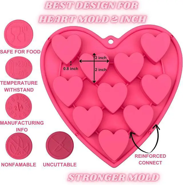 Alt view image 5 of 7 - Heart Shaped Cake Pans Heart Silicone Mold for Baking, Large 2 Inches Molds, 10 Cavities Suitable for Ice Cube Mold, Chocolate Mold, Valentines Silicone Molds (1, Pink)