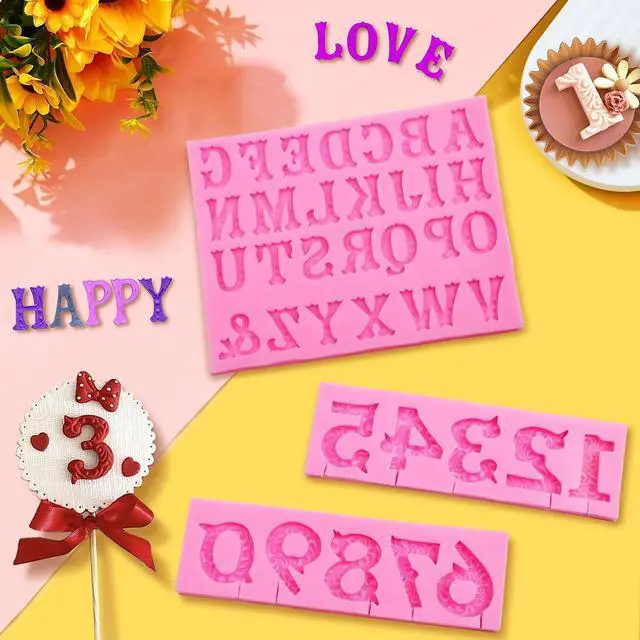 Alt view image 3 of 7 - Silicone Letter Number Molds, AIMEIKI 3 Pack 3D Silicone Number 0-9 Alphabet A-Z Embossed Fondant Chocolate Baking Molds for Decorating Birthday Cake Candy Chocolate DIY Craft Projects