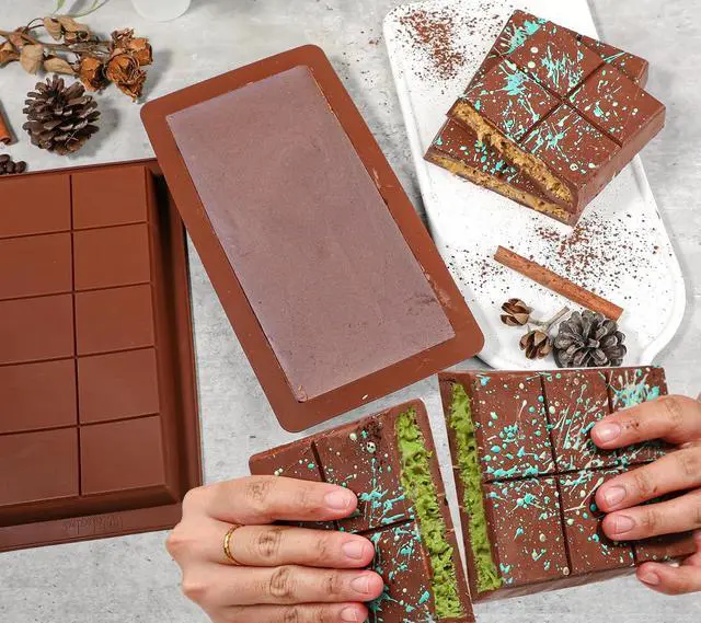 Alt view image 6 of 7 - Webake Deep Chocolate Bar Molds 2 Pack, 1 Inch Platinum Silicone Dubai Chocolate Bar Molds for Stuffed Bar, Big Chocolate Candy Bar Mold for Filling Knafeh Pistachio Chocolate Bar