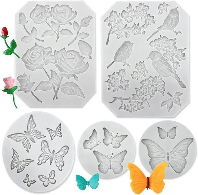 Main image of 5 Pack Butterfly Rose Flower Stems Birds Blossoms Silicone Fondant Mold, for Making Chocolate Fondant Jelly Polymer Clay Soap Crafting DIY Projects and Cake Decoration