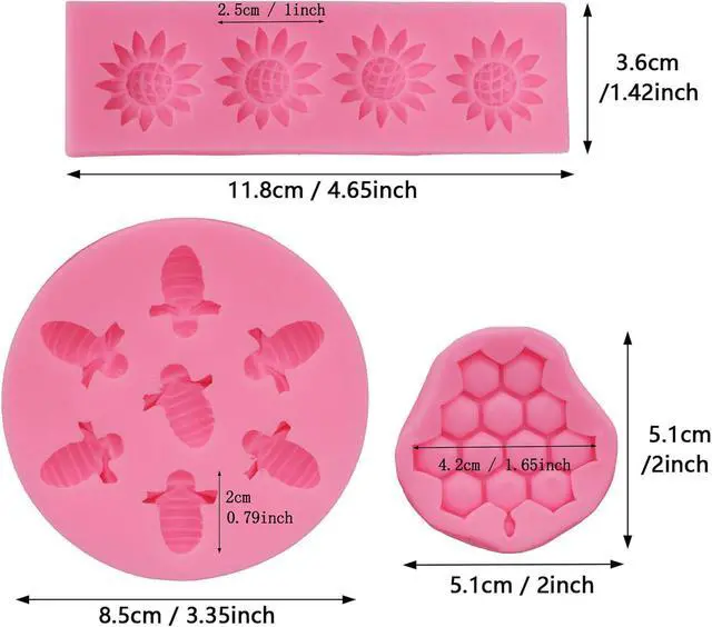 Alt view image 2 of 7 - 4 Pcs Bumble Bee Silicone Mold Honeycomb Sunflower and Bee Fondant Molds Kit Cupcake Hive DIY Chocolate Fondant Candy Cookies Crafting Party Wedding Cake Sugar Dessert Decorating Baking Mold (Pink)
