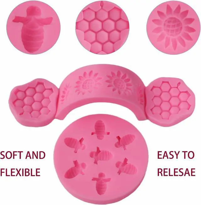 Alt view image 3 of 7 - 4 Pcs Bumble Bee Silicone Mold Honeycomb Sunflower and Bee Fondant Molds Kit Cupcake Hive DIY Chocolate Fondant Candy Cookies Crafting Party Wedding Cake Sugar Dessert Decorating Baking Mold (Pink)